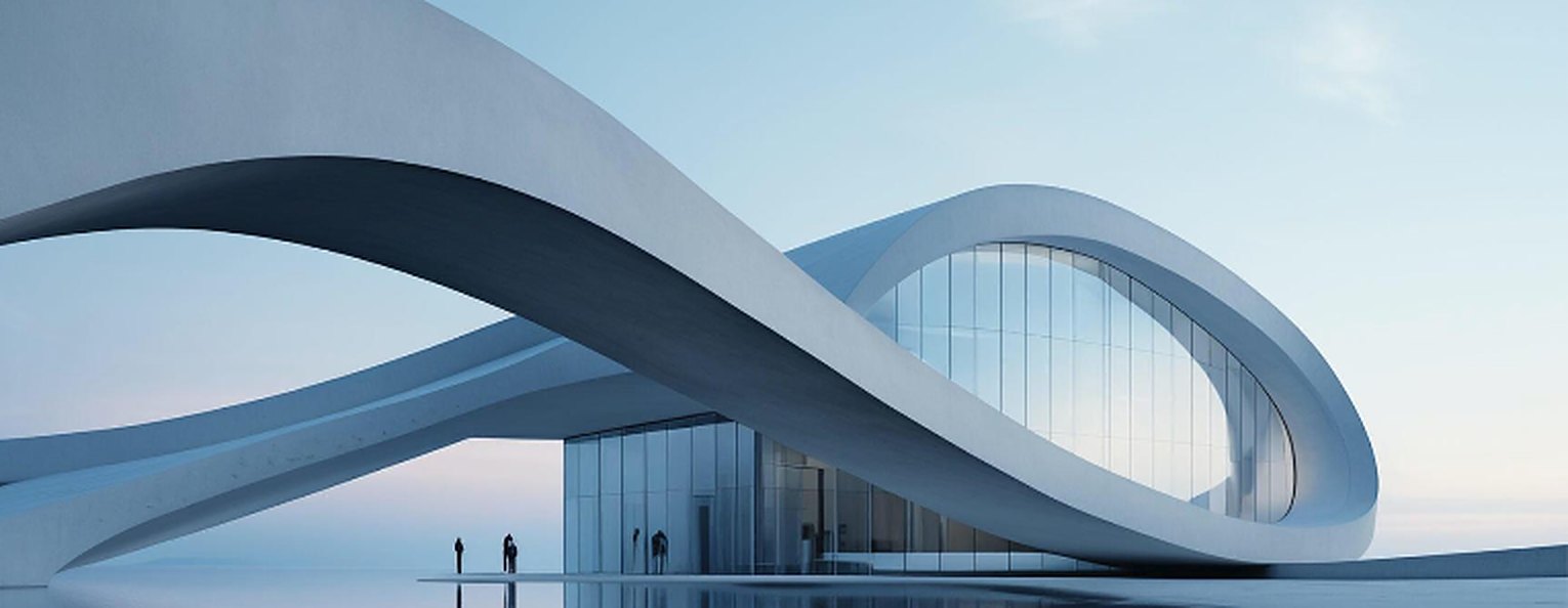 Contemporary curved architecture reflected in still water